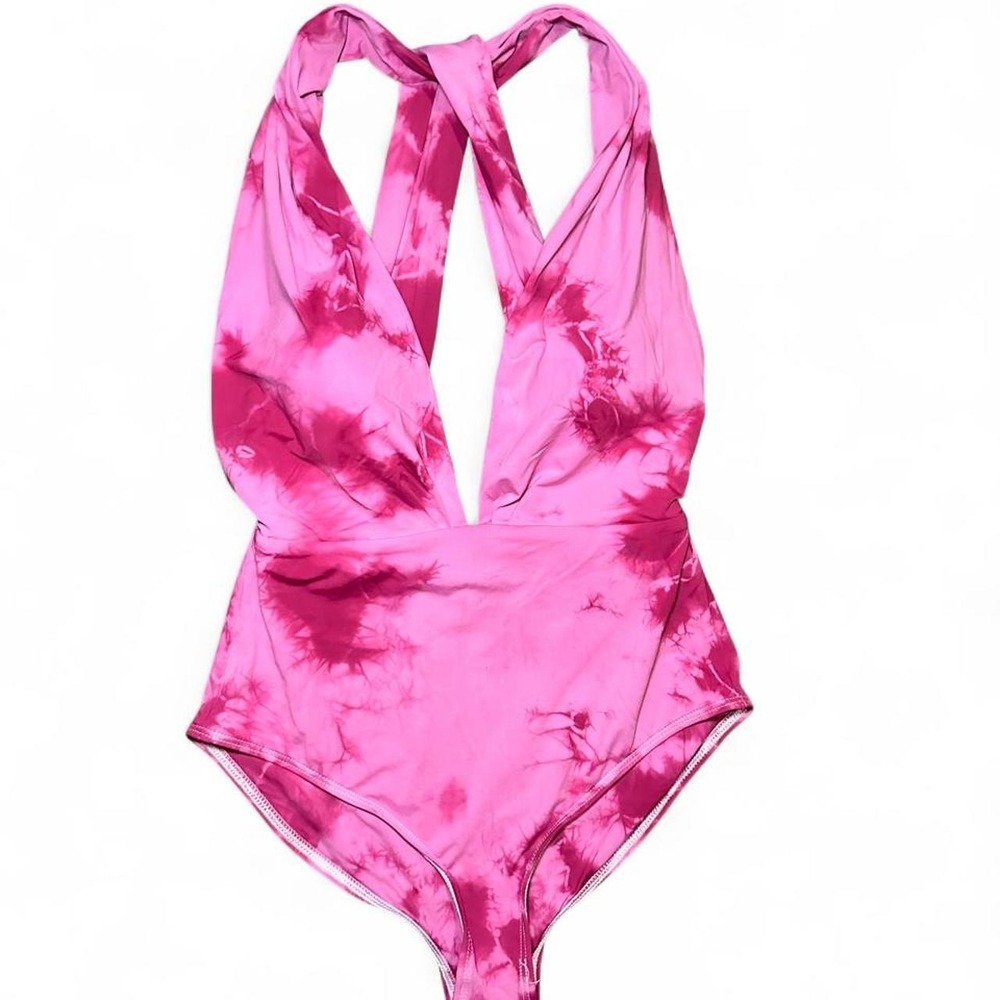 Lulus Pink Tie Dye Plunging Halter Neck One Piece Swimsuit Womens Small